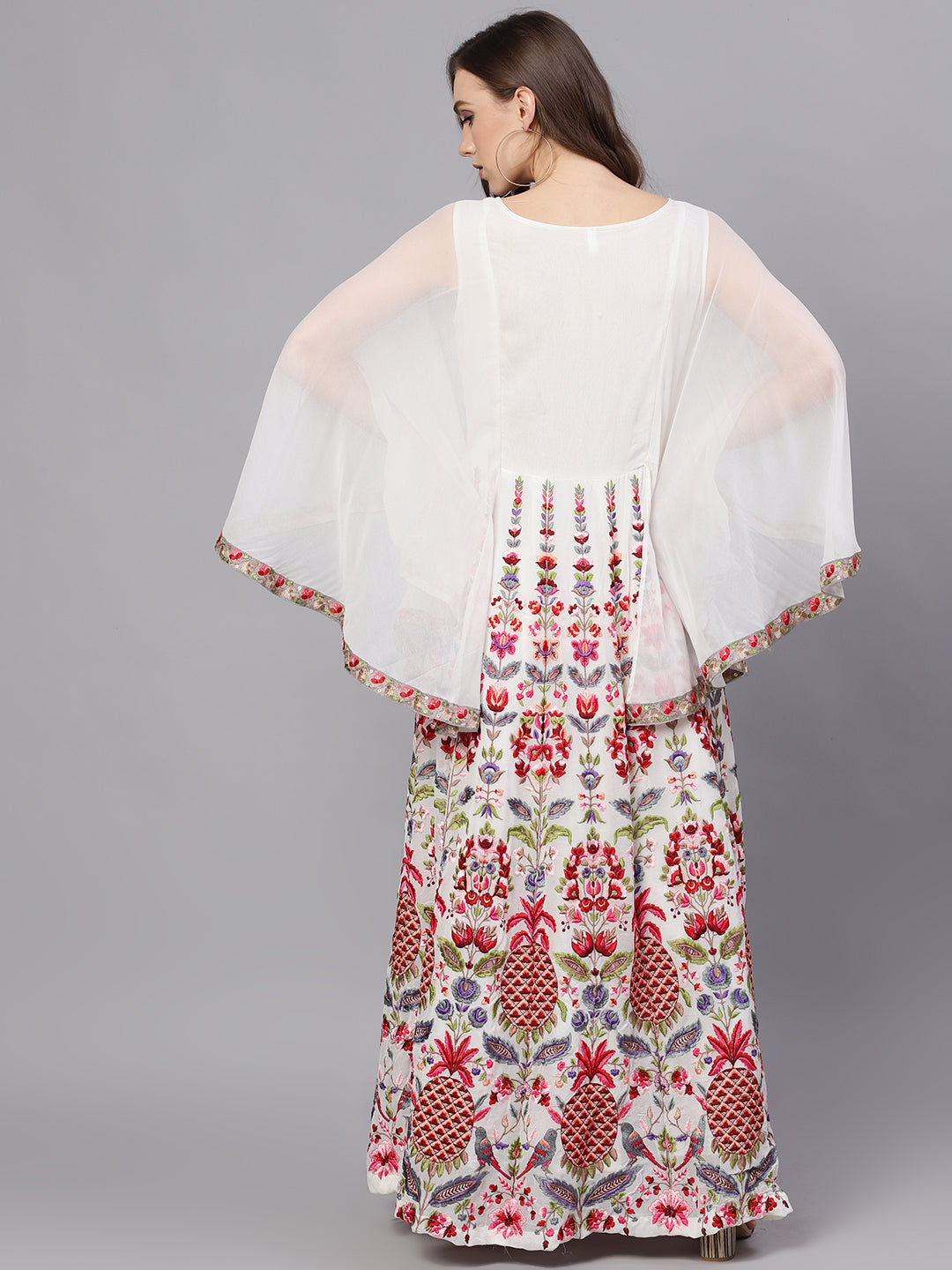 Women's White Embroidered Maxi Dress With Cape Sleeves