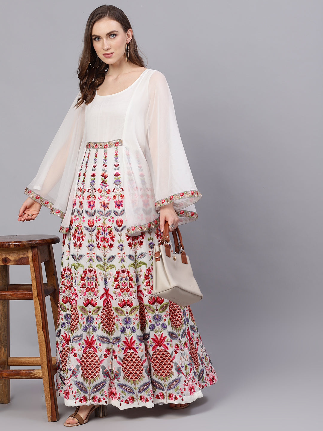 Women's White Embroidered Maxi Dress With Cape Sleeves