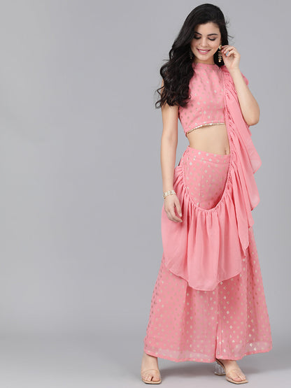 Women's Pink Foil Printed Co Ord Set Pant Saree