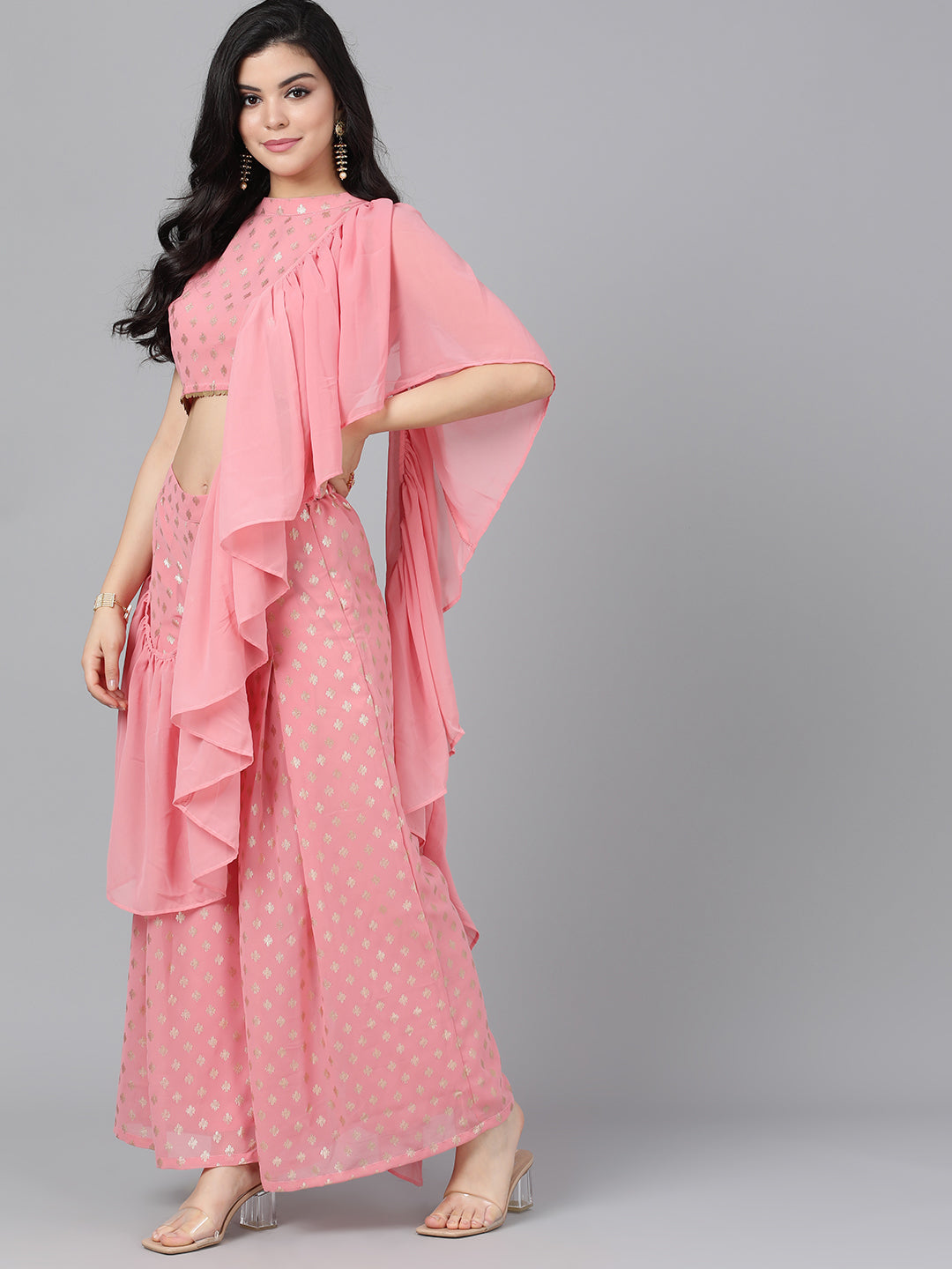 Women's Pink Foil Printed Co Ord Set Pant Saree