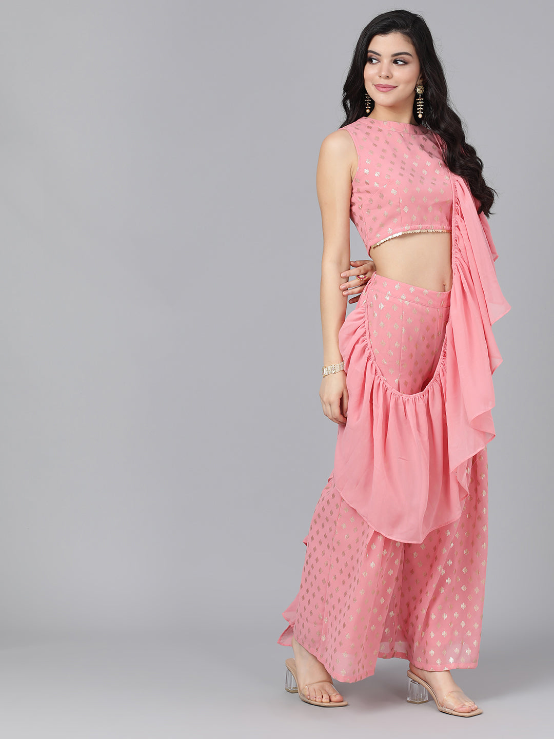 Women's Pink Foil Printed Co Ord Set Pant Saree