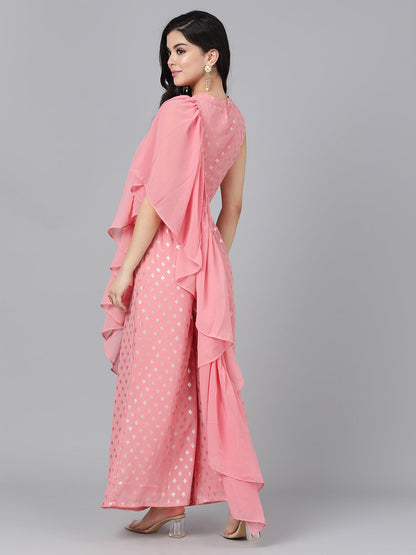 Women's Pink Foil Printed Co Ord Set Pant Saree