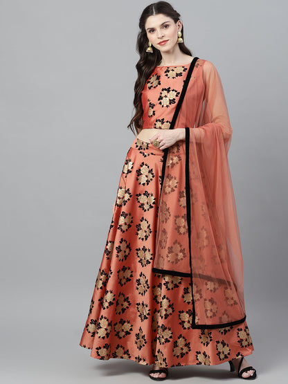 Women's Rose Gold Floral Print Lehenga Choli With Dupatta