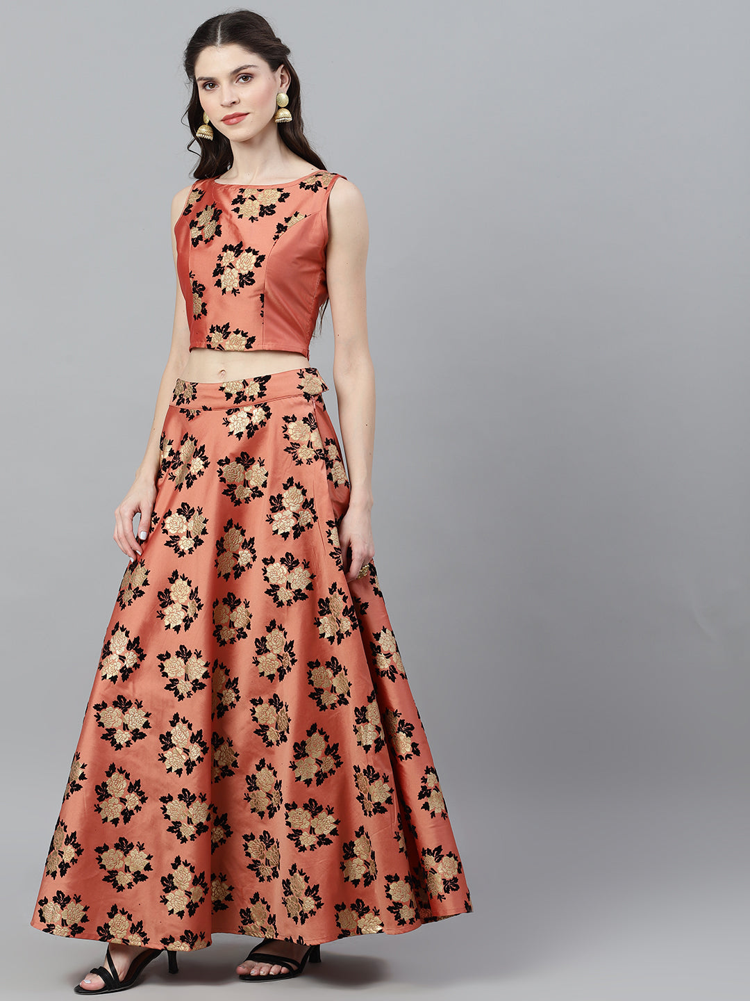 Women's Rose Gold Floral Print Lehenga Choli With Dupatta