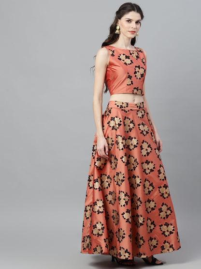 Women's Rose Gold Floral Print Lehenga Choli With Dupatta