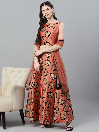 Women's Rose Gold Floral Print Lehenga Choli With Dupatta