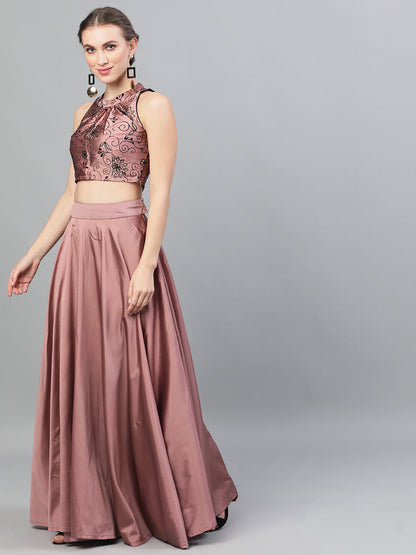 Women's Mauve Flock Print Lehenga Choli With Dupatta
