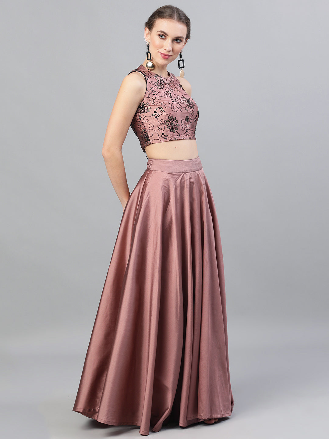 Women's Mauve Flock Print Lehenga Choli With Dupatta