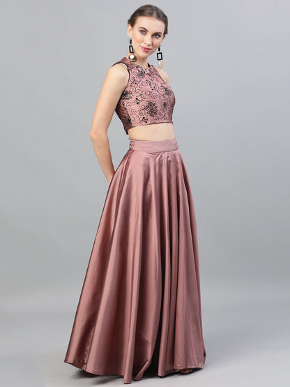 Women's Mauve Flock Print Lehenga Choli With Dupatta