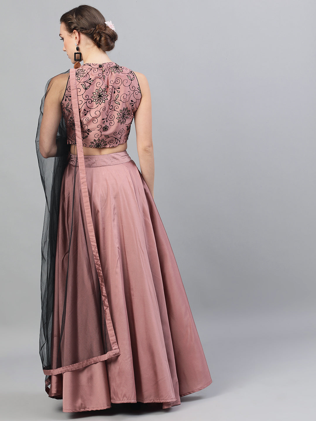 Women's Mauve Flock Print Lehenga Choli With Dupatta