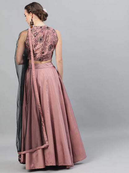 Women's Mauve Flock Print Lehenga Choli With Dupatta