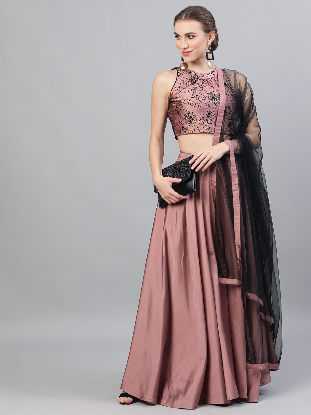 Women's Mauve Flock Print Lehenga Choli With Dupatta