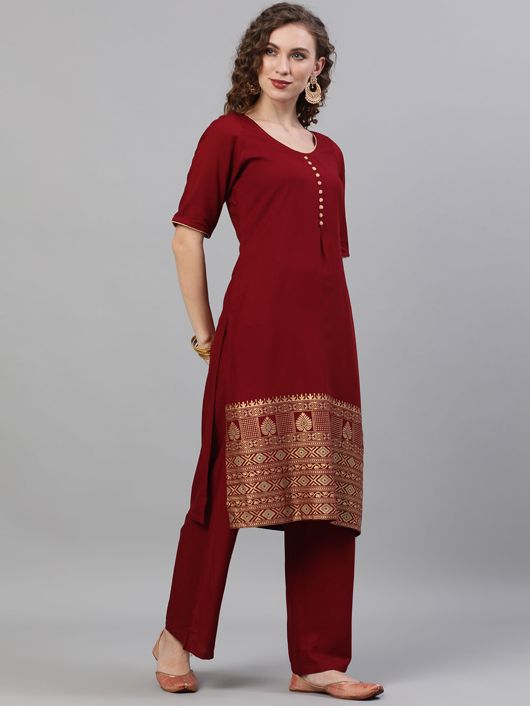 Women's Maroon Gold Printed Kurta With Palazzo