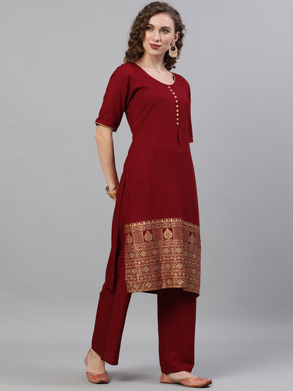 Women's Maroon Gold Printed Kurta With Palazzo