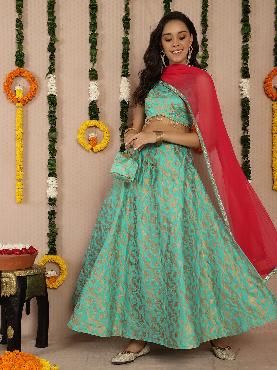 Women's Green Jacquard Lehenga Choli With Dupatta & Potali Bag
