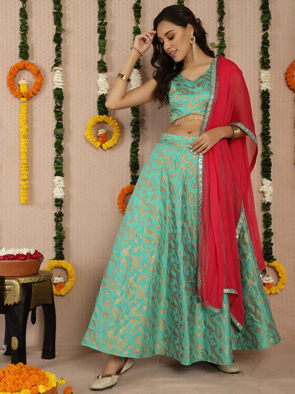 Women's Green Jacquard Lehenga Choli With Dupatta & Potali Bag