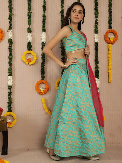 Women's Green Jacquard Lehenga Choli With Dupatta & Potali Bag