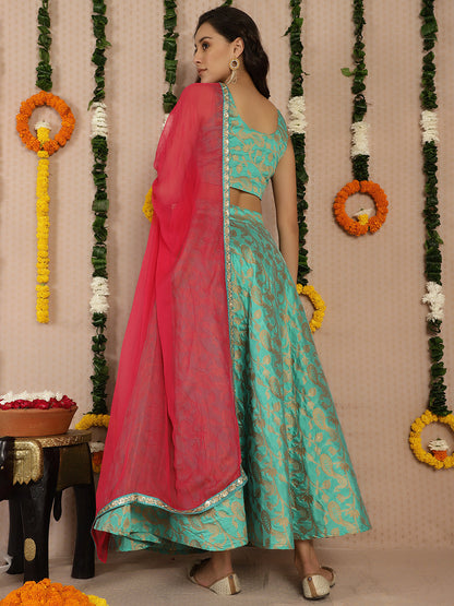 Women's Green Jacquard Lehenga Choli With Dupatta & Potali Bag