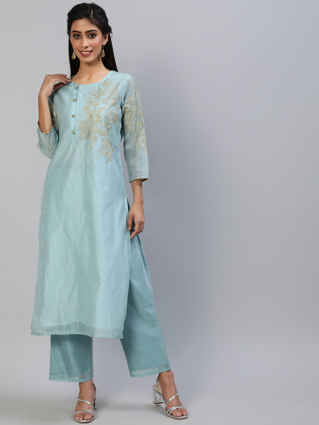 Women's Chanderi suit set with golden zari embroidery