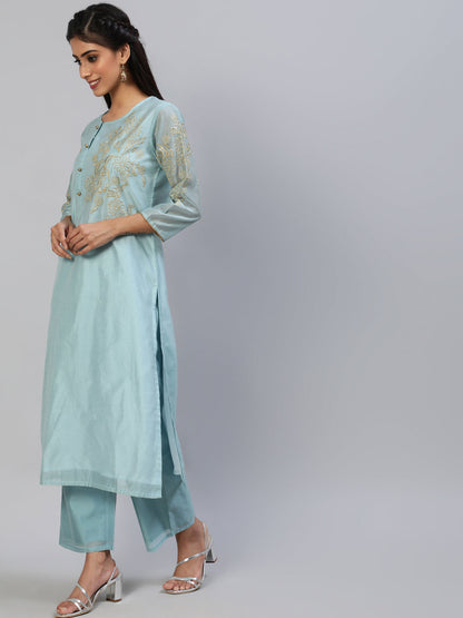 Women's Chanderi suit set with golden zari embroidery