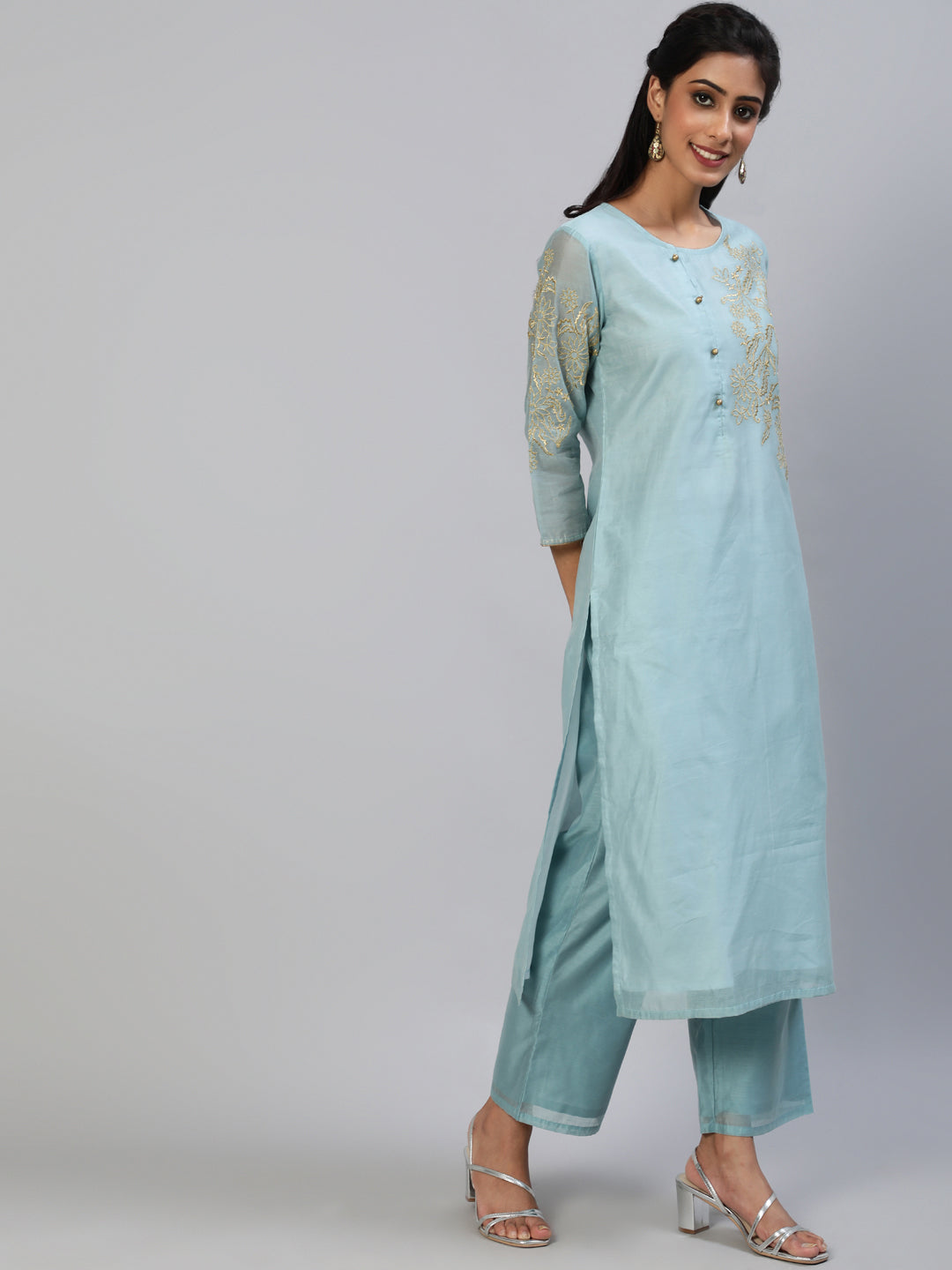 Women's Chanderi suit set with golden zari embroidery
