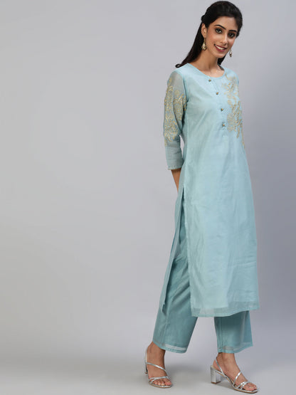 Women's Chanderi suit set with golden zari embroidery