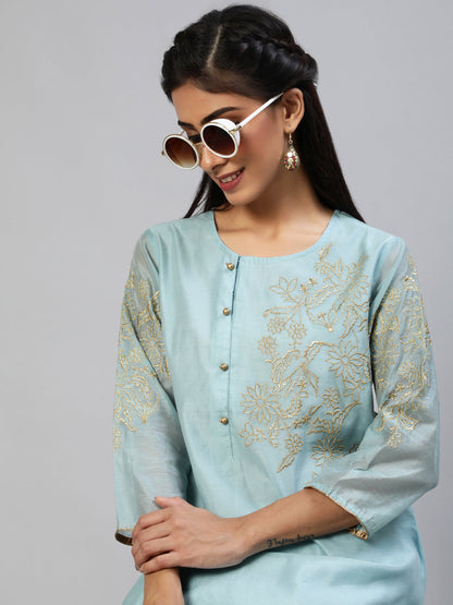 Women's Chanderi suit set with golden zari embroidery