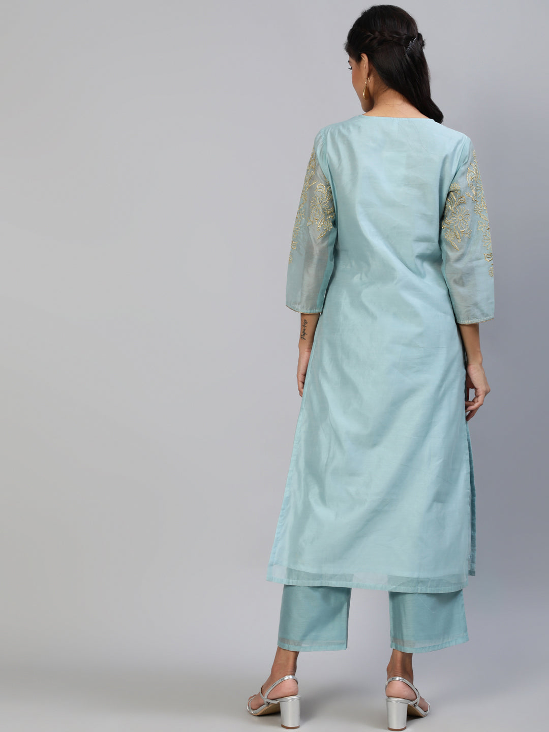 Women's Chanderi suit set with golden zari embroidery