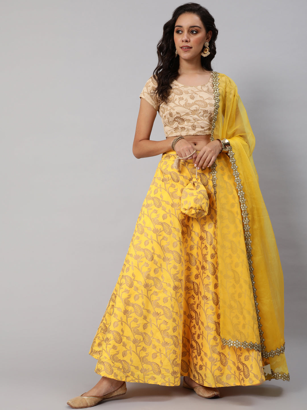 Women's Yellow Lehenga Choli with Dupatta & Potli Bag