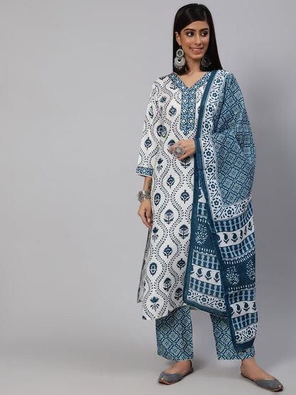 Women's White Printed Kurta Palazzo With Dupatta