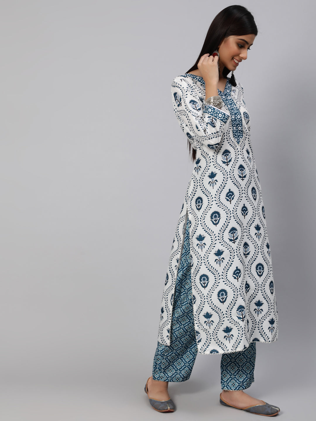 Women's White Printed Kurta Palazzo With Dupatta