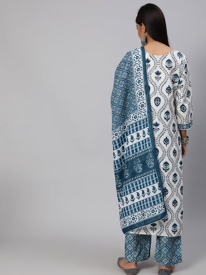 Women's White Printed Kurta Palazzo With Dupatta