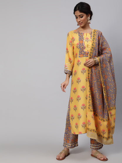 Women's Yellow Floral Printed Kurta Pant With Dupatta