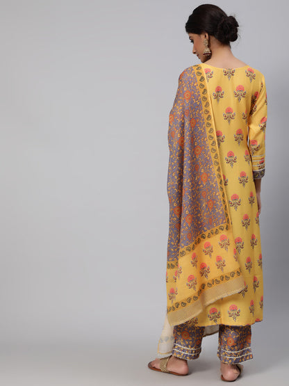 Women's Yellow Floral Printed Kurta Pant With Dupatta