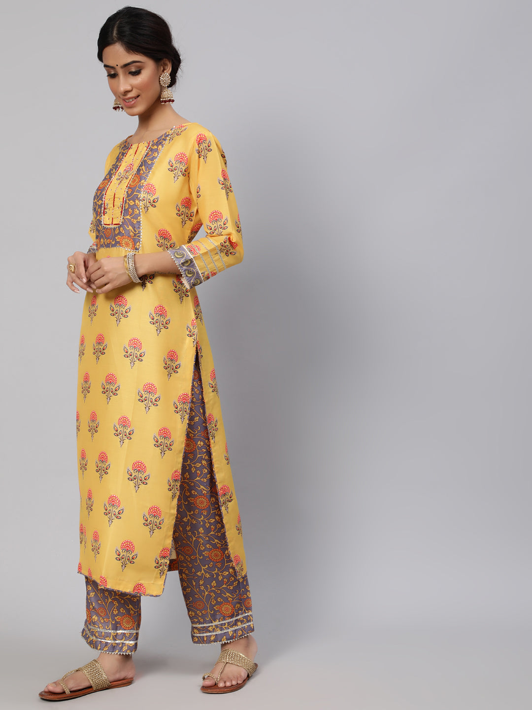 Women's Yellow Floral Printed Kurta Pant With Dupatta