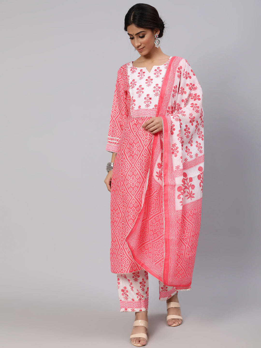 Women's Pink Bandhani Print Kurta Pant With Dupatta