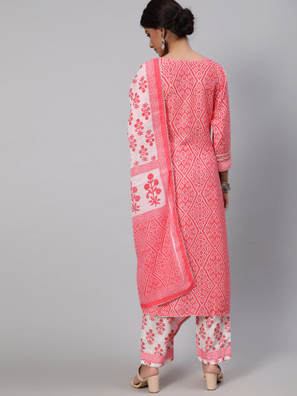Women's Pink Bandhani Print Kurta Pant With Dupatta