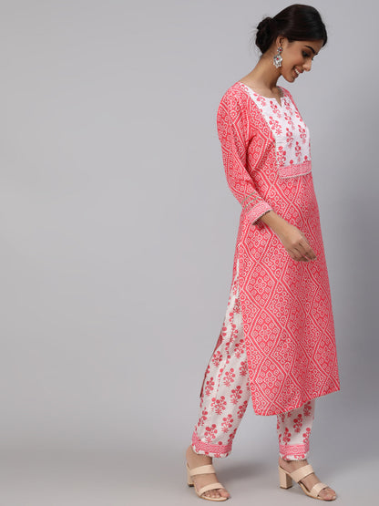 Women's Pink Bandhani Print Kurta Pant With Dupatta