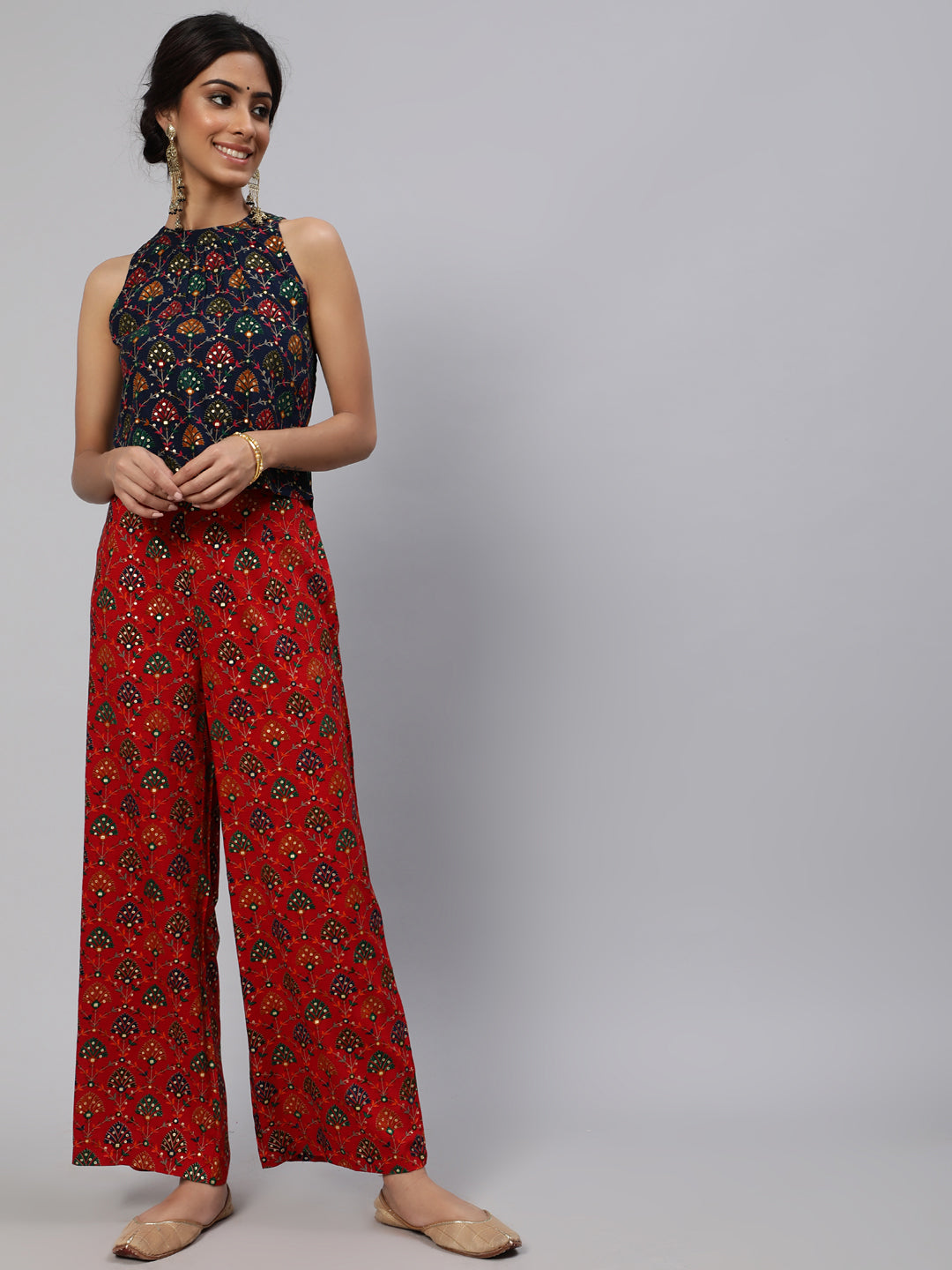Women's Navy Blue Gold Printed Co Ord Set