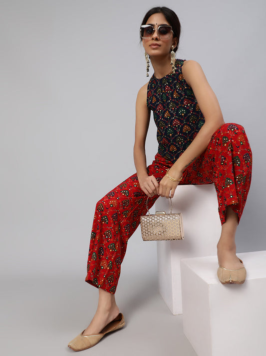 Women's Navy Blue Gold Printed Co Ord Set