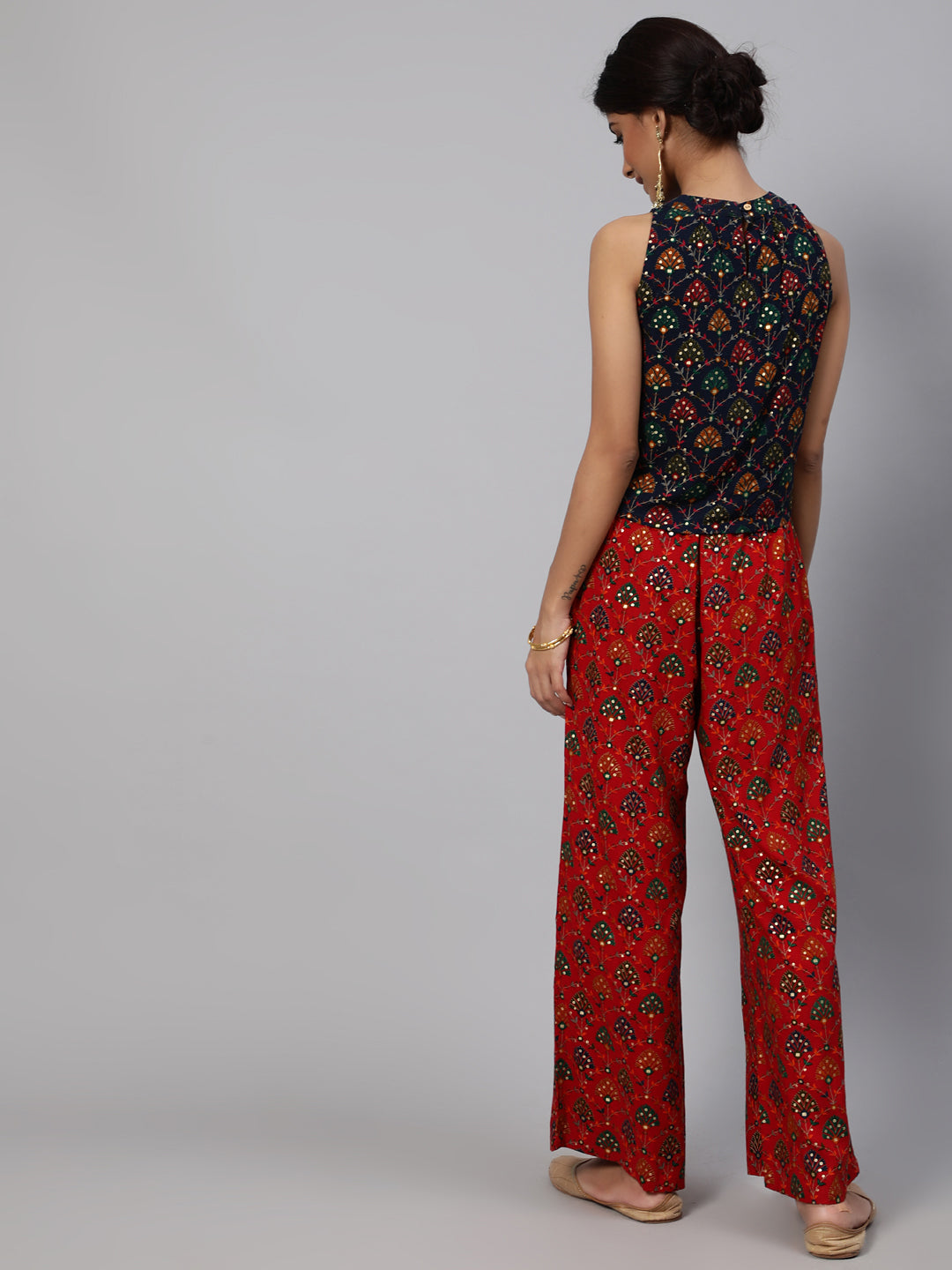 Women's Navy Blue Gold Printed Co Ord Set