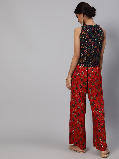 Women's Navy Blue Gold Printed Co Ord Set