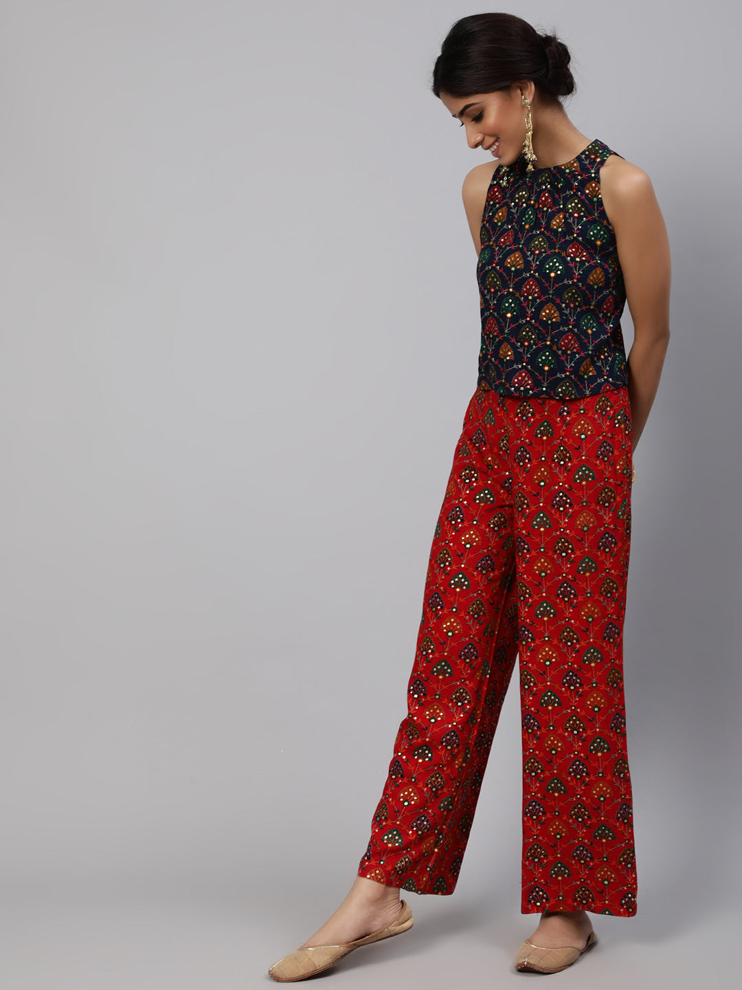 Women's Navy Blue Gold Printed Co Ord Set