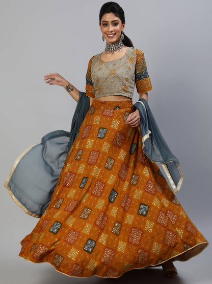Women's Mustard Gold Printed Lehenga Choli With Dupatta