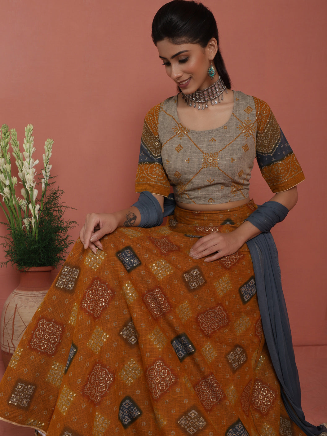 Women's Mustard Gold Printed Lehenga Choli With Dupatta
