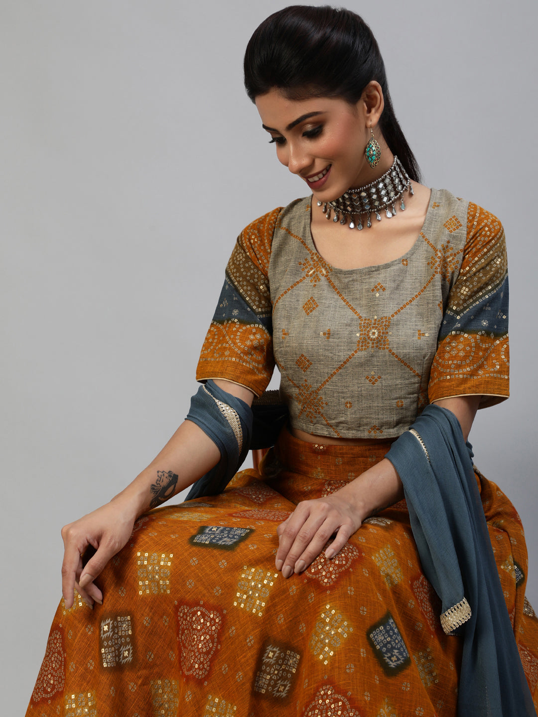 Women's Mustard Gold Printed Lehenga Choli With Dupatta