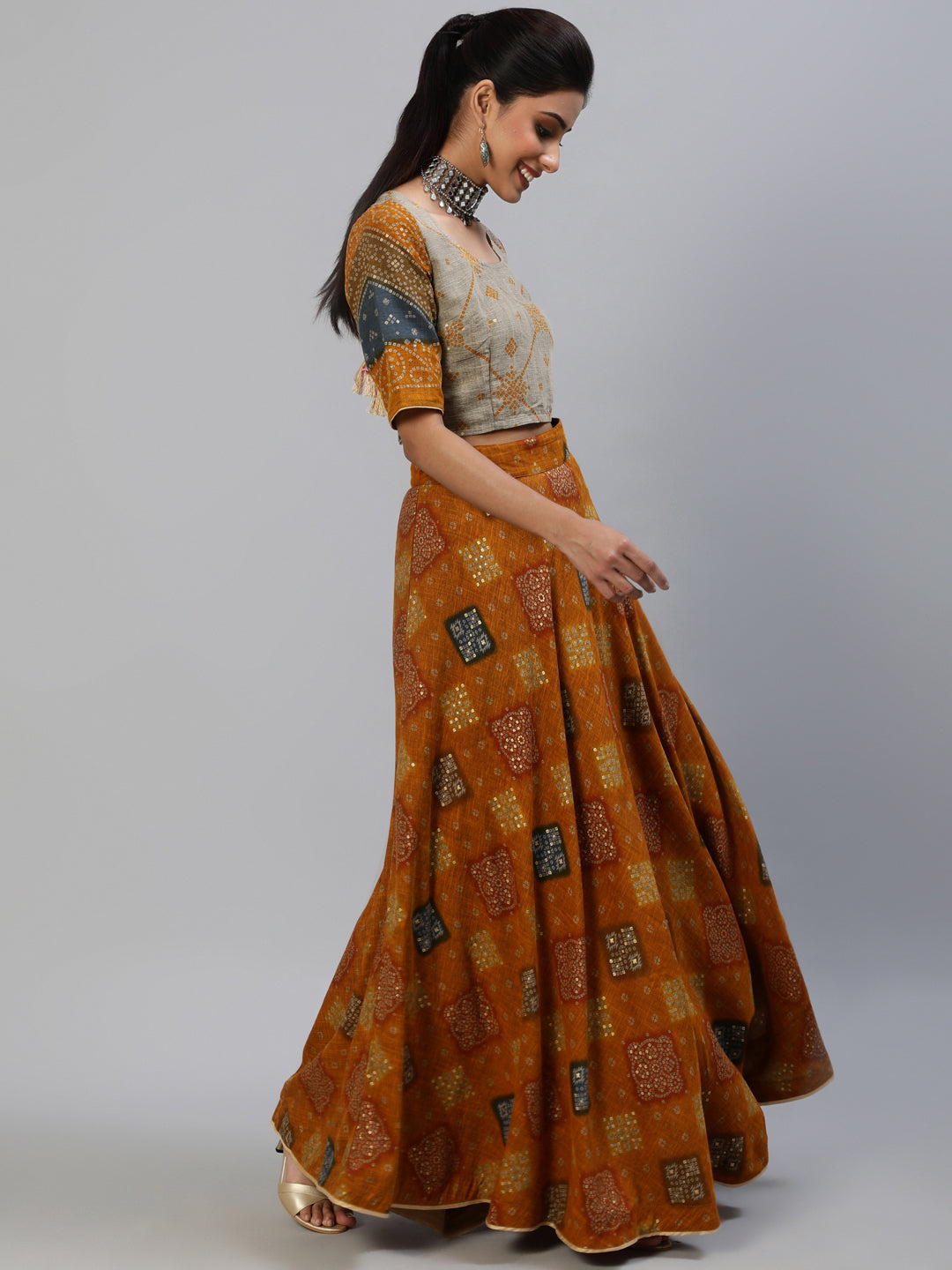 Women's Mustard Gold Printed Lehenga Choli With Dupatta
