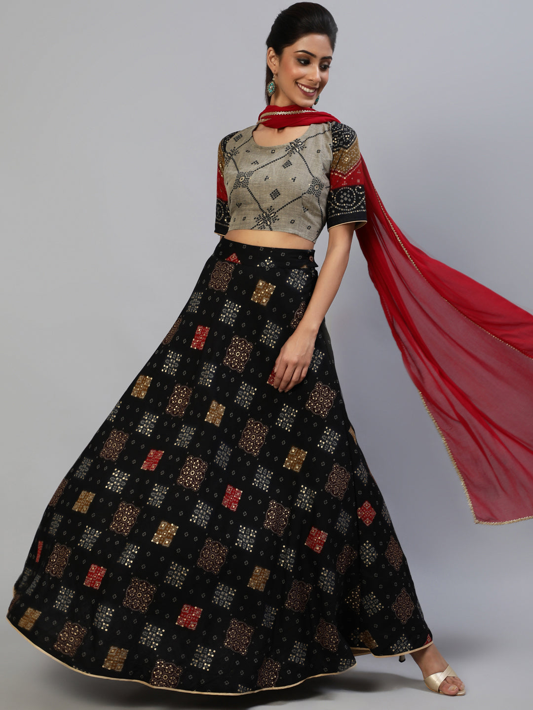 Women's Black Gold Printed Lehenga Choli With Dupatta