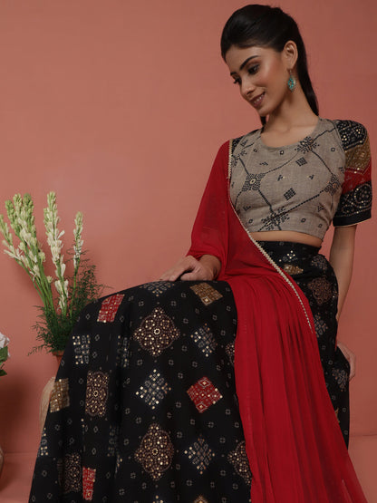 Women's Black Gold Printed Lehenga Choli With Dupatta