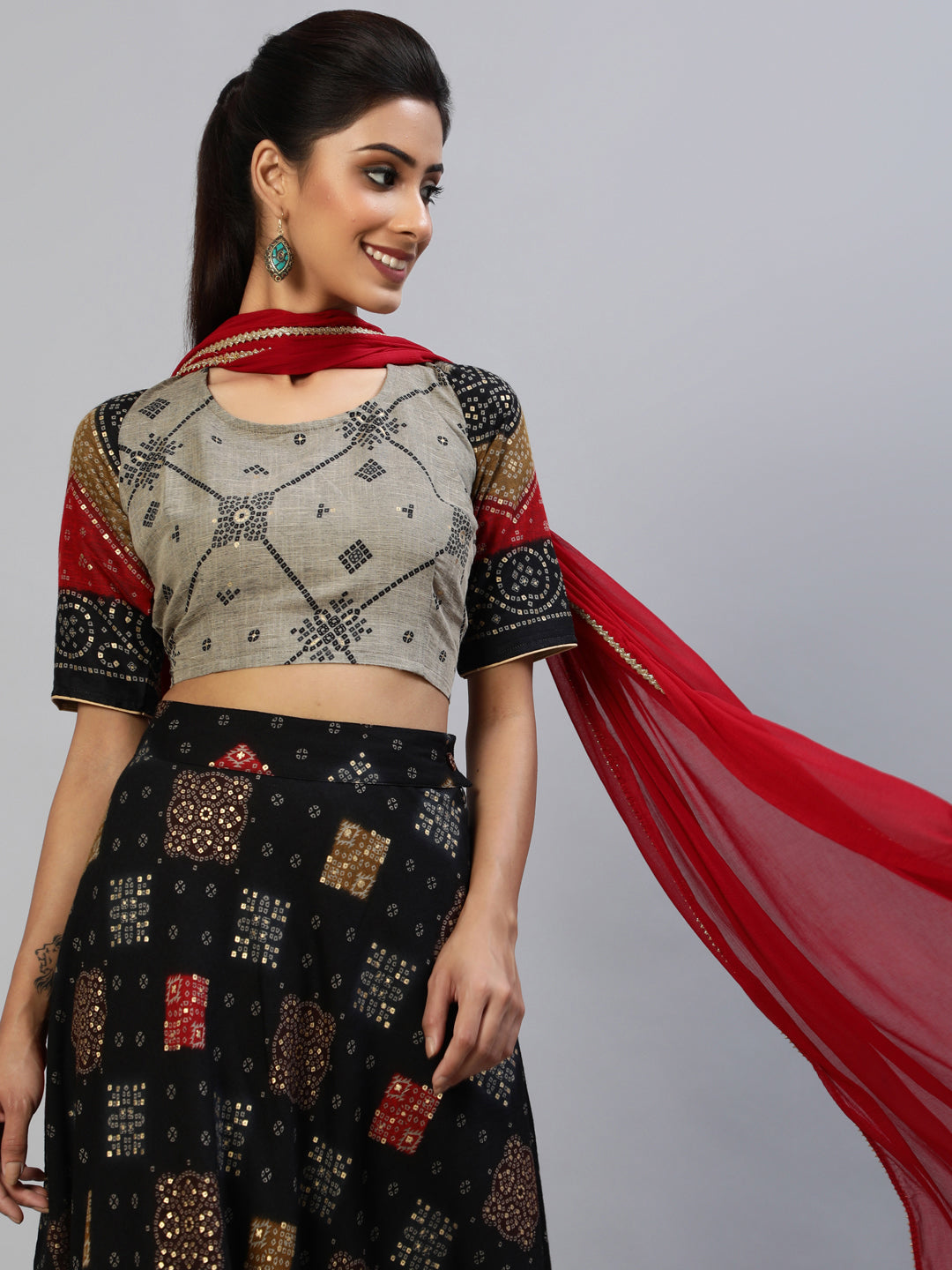 Women's Black Gold Printed Lehenga Choli With Dupatta